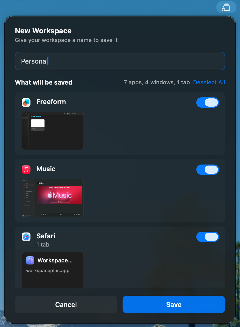 Save workspace interface